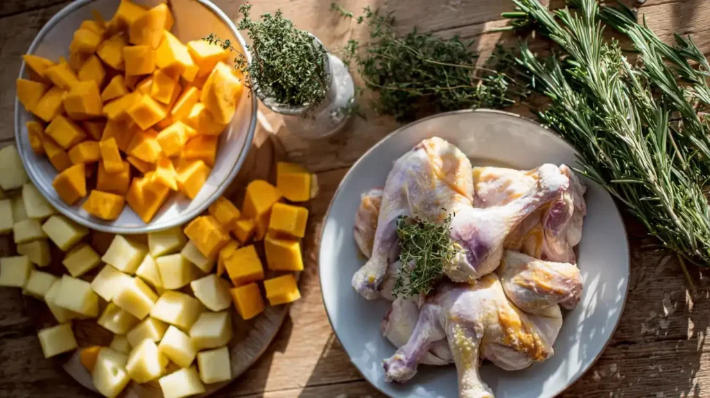 Kürbis, Kartoffeln und Hähnchenschenkel um ein fertiges Ofengericht angeordnet
