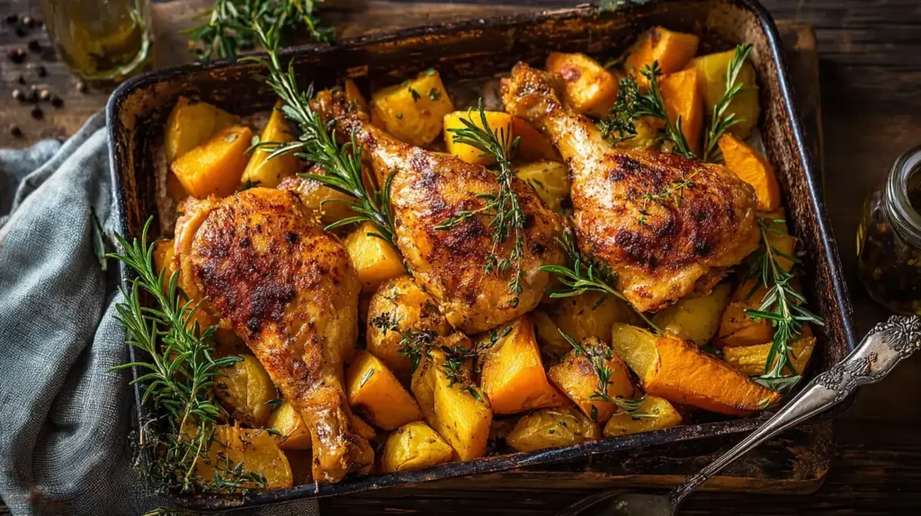 Saftiges Kürbis-Kartoffel-Hähnchen aus dem Ofen auf einem rustikalen Teller serviert