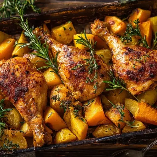 Saftiges Kürbis-Kartoffel-Hähnchen aus dem Ofen auf einem rustikalen Teller serviert