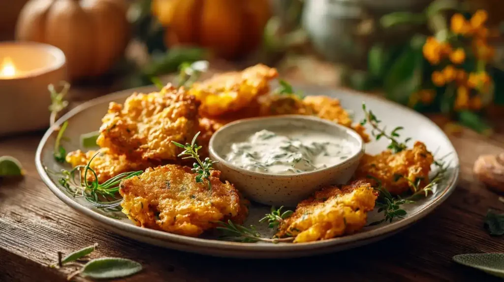 Kürbis-Kartoffel-Puffer mit cremigem Schnittlauch-Dip auf rustikalem Teller serviert, golden knusprig und frisch gebraten.
