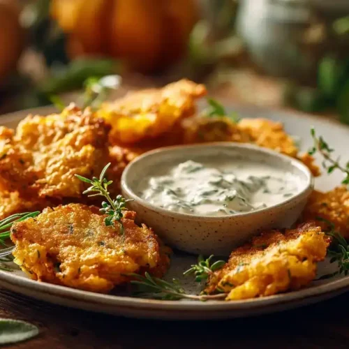 Kürbis-Kartoffel-Puffer mit cremigem Schnittlauch-Dip auf rustikalem Teller serviert, golden knusprig und frisch gebraten.