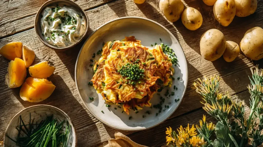 Fertige Kürbis-Kartoffel-Puffer in der Mitte, umgeben von rohem Hokkaido-Kürbis, Kartoffeln und frischem Schnittlauch.