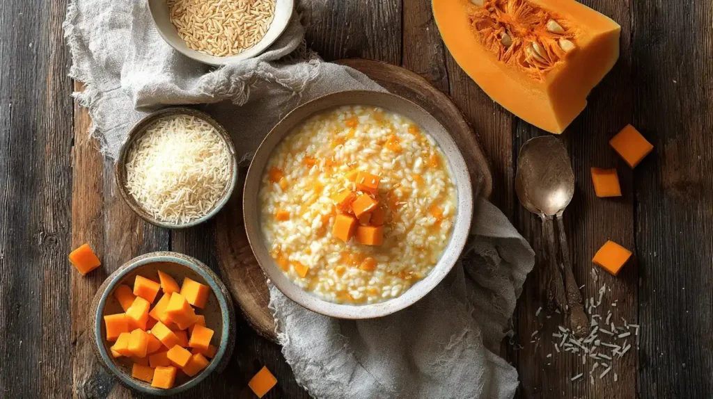 Kürbisrisotto in der Mitte mit Hokkaido-Kürbiswürfeln, Parmesan und Risottoreis drumherum