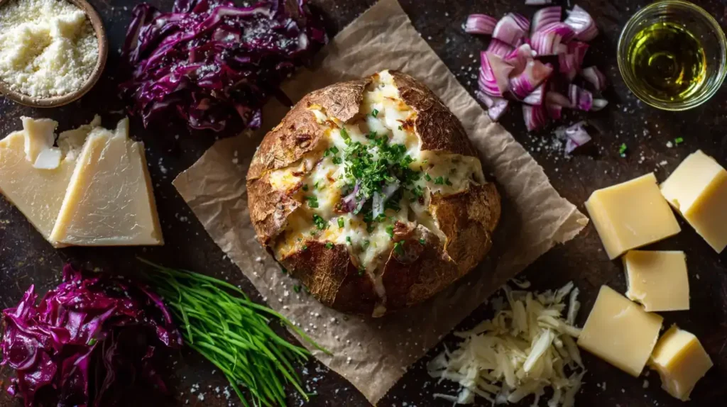 Kumpir mit cremigem Kartoffelfleisch und buntem Topping, Schinken optional