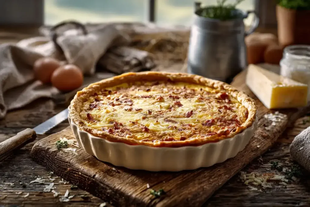 Lauchquiche mit Schinken frisch gebacken auf Teller serviert