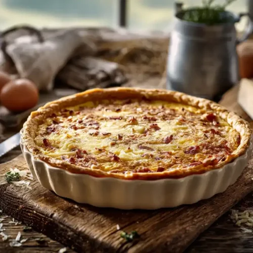 Lauchquiche mit Schinken frisch gebacken auf Teller serviert