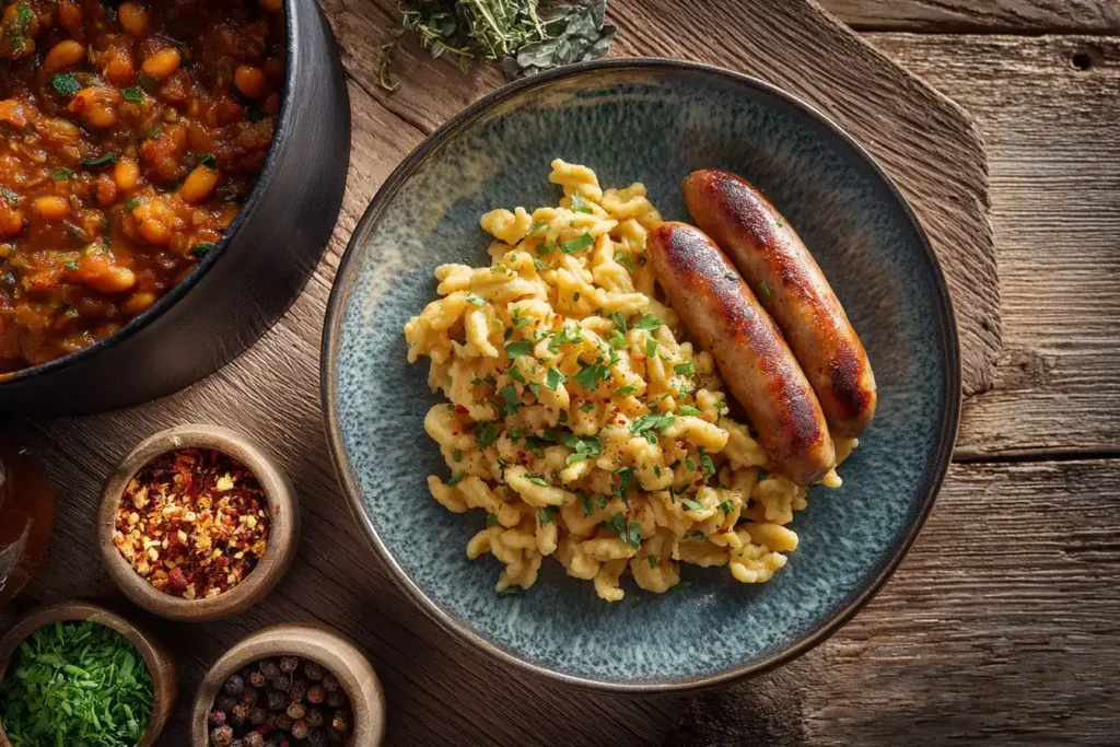 Zubereitung von Schwäbischen Linsen mit Spätzle im Topf mit Gemüse, Linsen und Majoran