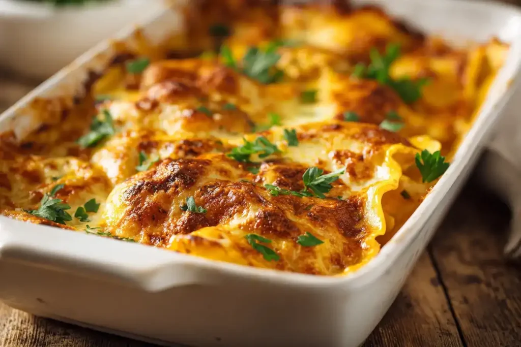 Servierter Maultaschenauflauf mit Käsekruste und frischem Salat auf Teller