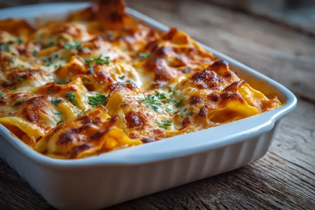 Maultaschenauflauf im Ofen mit geschmolzenem Käse und Tomatensoße