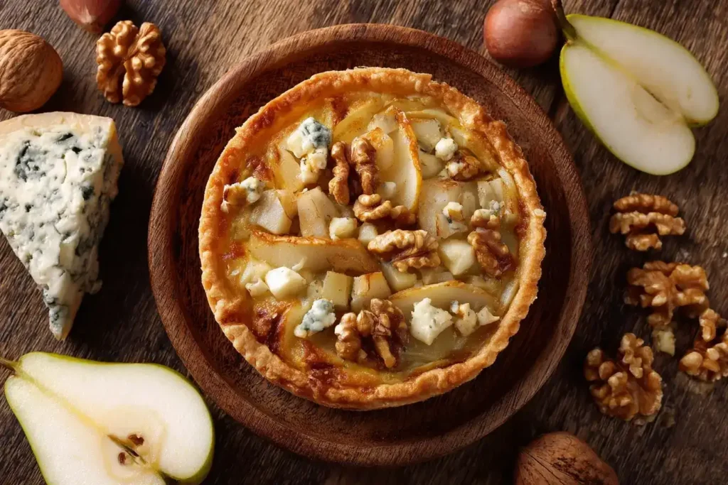 Zutaten für Mini-Quiche mit Birnen und Gorgonzola auf hellem Hintergrund