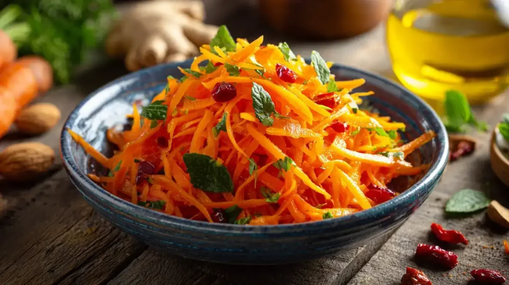Möhrensalat mit fruchtigem Dressing Frischer Möhrensalat mit fruchtigem Orangendressing, serviert in einer weißen Schüssel