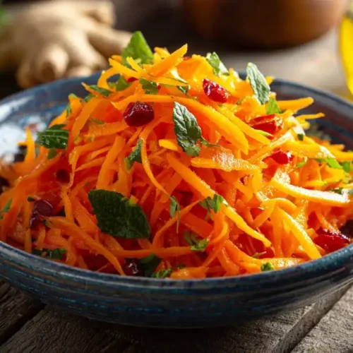 Frischer Möhrensalat mit fruchtigem Orangendressing, serviert in einer weißen Schüssel