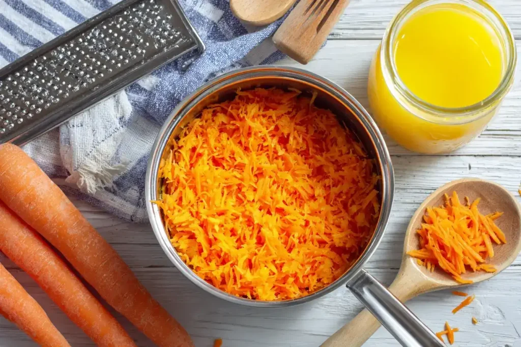 Möhrensalat im Zentrum, umgeben von drei Hauptzutaten: Möhren, Orangensaft und Honig