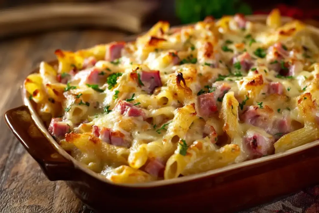 Nudelauflauf mit Schinken und Käse – der cremige Familienklassiker aus dem Ofen Cremiger Nudelauflauf mit Schinken und Käse frisch aus dem Ofen, goldbraune Käsekruste