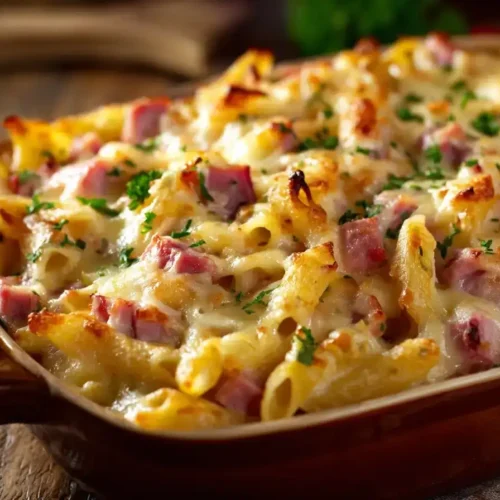 Cremiger Nudelauflauf mit Schinken und Käse frisch aus dem Ofen, goldbraune Käsekruste