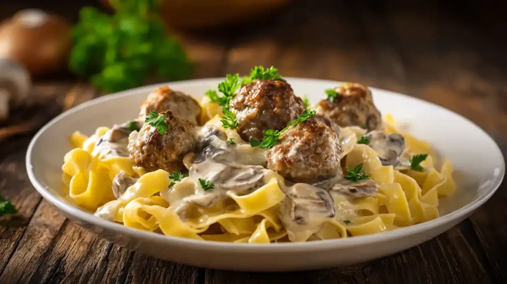 Nudeln mit Pilz-Hackbällchen in cremiger Pilzrahmsoße serviert auf Teller mit frischer Petersilie