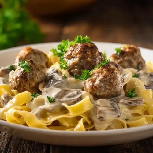 Nudeln mit Pilz-Hackbällchen in cremiger Pilzrahmsoße serviert auf Teller mit frischer Petersilie