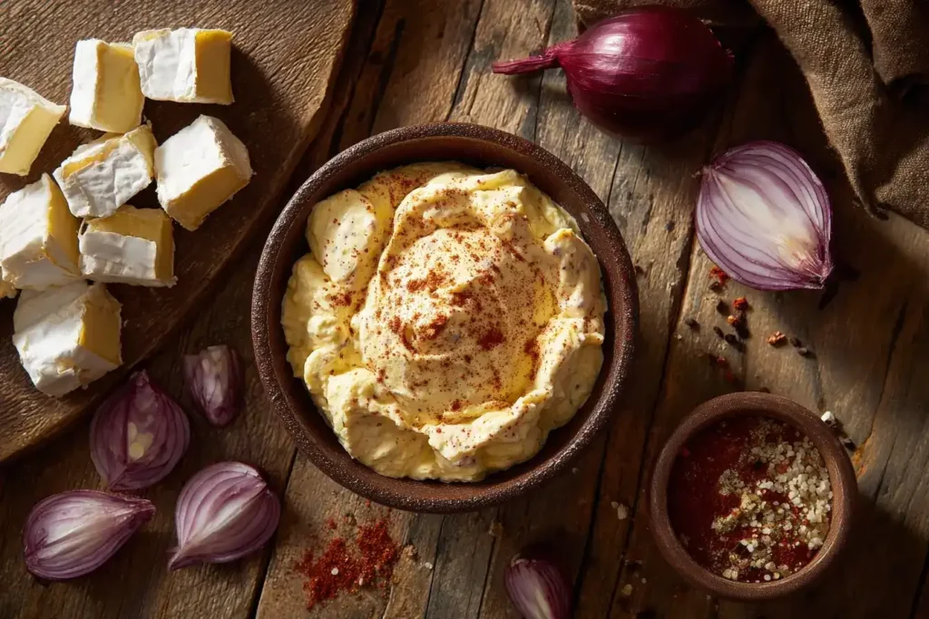 Traditioneller Obazda Aufstrich mit Camembert, Butter und Paprikapulver serviert mit Brezn