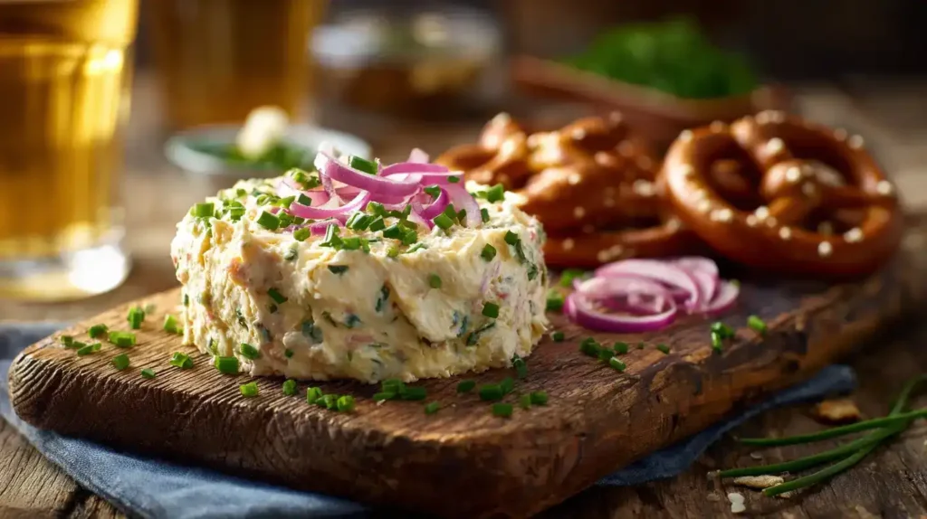 Obazda Rezept Original Bayerischer Käseaufstrich mit Zwiebeln und Brezn auf Holzbrett