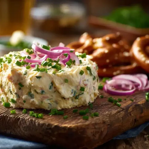 Obazda Rezept Original Bayerischer Käseaufstrich mit Zwiebeln und Brezn auf Holzbrett