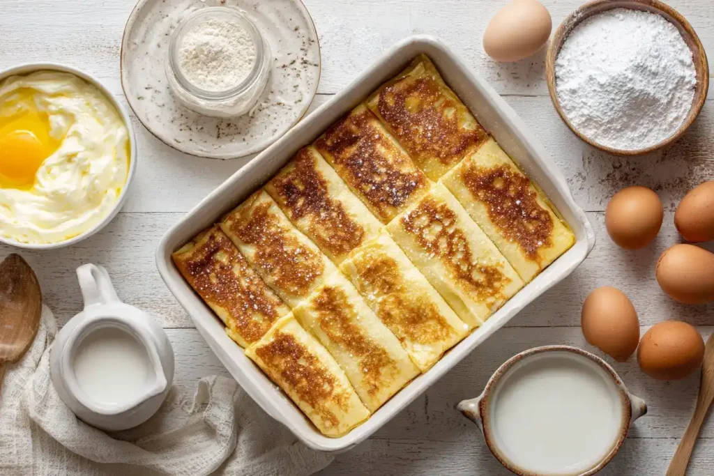 Stücke vom Ofenpfannkuchen auf Teller mit Beeren und Puderzucker, serviert zum Frühstück