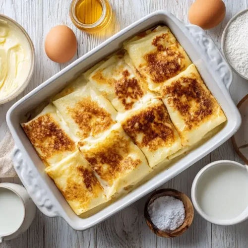 Ofenpfannkuchen vom Blech frisch gebacken, goldbraun, mit Puderzucker bestäubt, serviert auf Backpapier