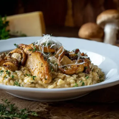 Cremiges Ofenrisotto mit Hähnchenbrustfilet und Steinpilzen, serviert in weißer Auflaufform