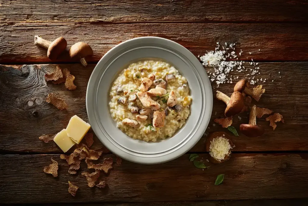 Ofenrisotto mit Hähnchenbrustfilet und Steinpilzen, Zutaten rund um die Auflaufform arrangiert