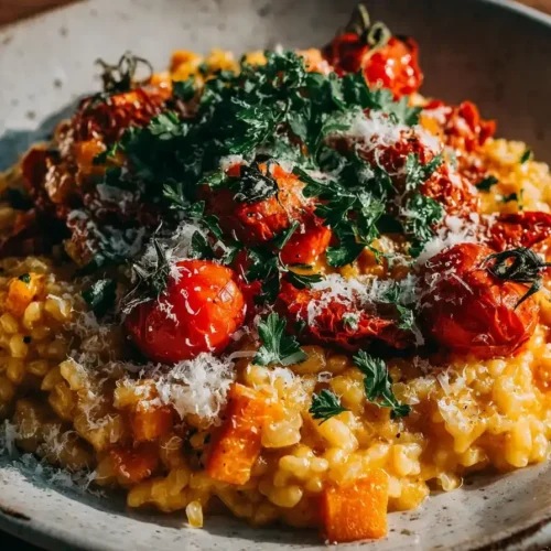 Cremiges Ofenrisotto mit Möhren und getrockneten Tomaten, garniert mit Petersilie und Parmesan