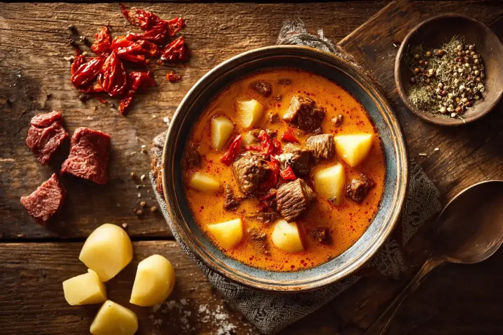 Omas Gulaschsuppe ungarischer Art mit Rindfleisch, Paprika und Gemüse serviert in rustikaler Schale