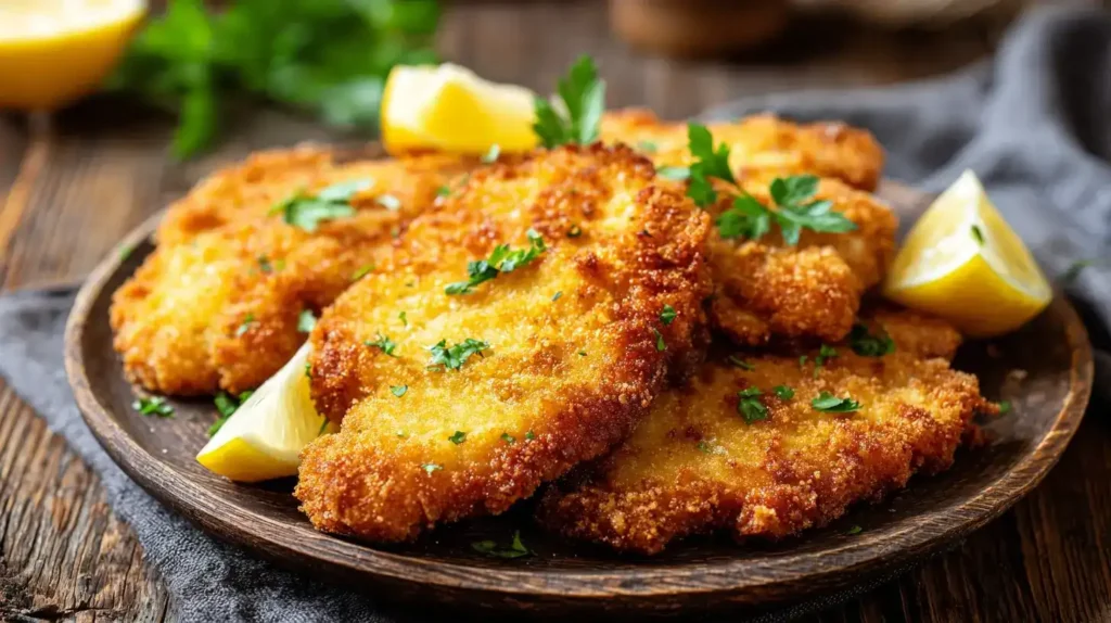 Panierte Schnitzel aus dem Ofen Panierte Schnitzel aus dem Ofen auf Teller serviert, goldbraun und knusprig