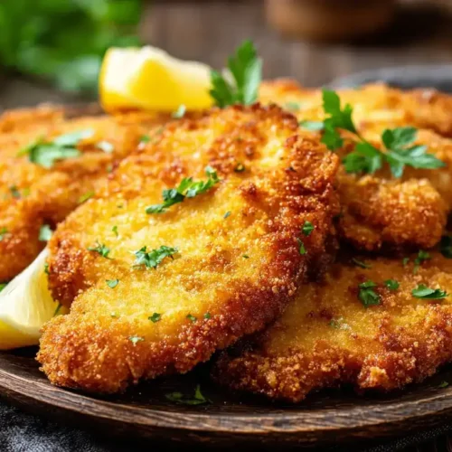 Panierte Schnitzel aus dem Ofen auf Teller serviert, goldbraun und knusprig