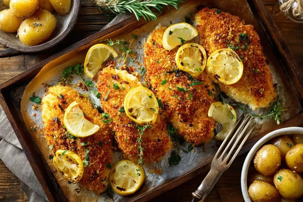 Panierte Schnitzel in der Mitte, umgeben von Ei, Paniermehl und Mehl