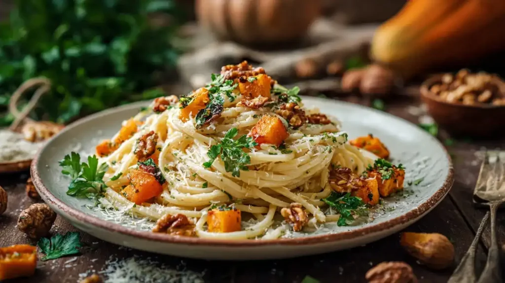 Pasta mit Kürbis – Schnell und Einfach Gemacht Cremige Pasta mit Kürbis, Walnüssen und Parmesan – einfaches Herbstrezept