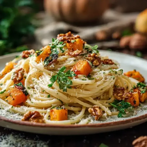 Cremige Pasta mit Kürbis, Walnüssen und Parmesan – einfaches Herbstrezept