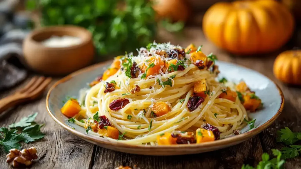 Pasta mit Kürbis serviert mit getrockneten Tomaten und frischer Petersilie