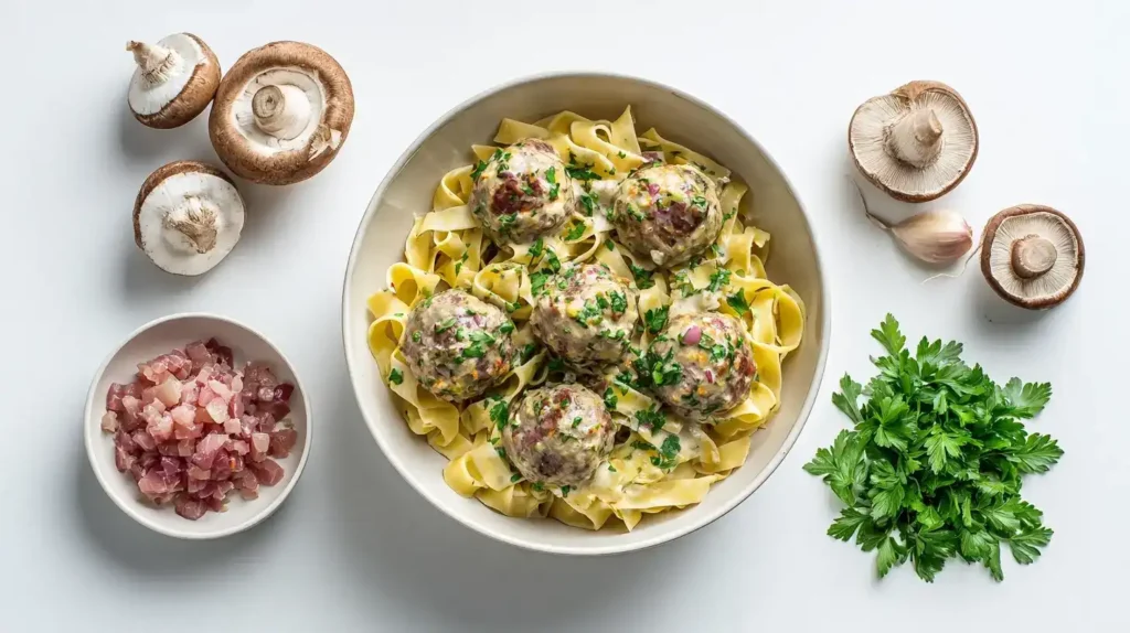 Saftige Hackbällchen mit Champignons und Nudeln in cremiger Pilzsoße, angerichtet für Familienessen