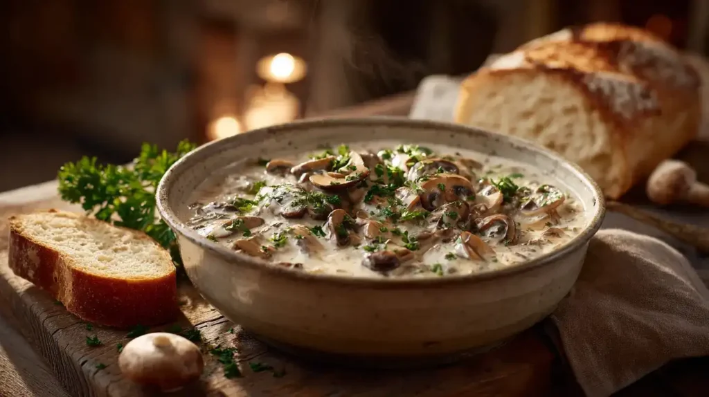 Pilzragout – Einfach & Klassisch Klassisches cremiges Pilzragout mit frischen Champignons und Sahne auf rustikalem Holztisch