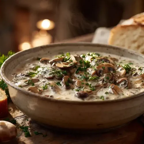 Klassisches cremiges Pilzragout mit frischen Champignons und Sahne auf rustikalem Holztisch