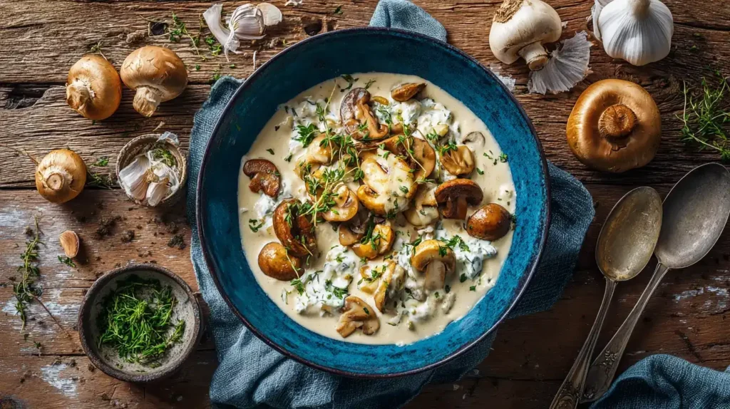 Pilzragout in der Mitte mit frischen Champignons, Zwiebeln und Sahne rundherum arrangiert