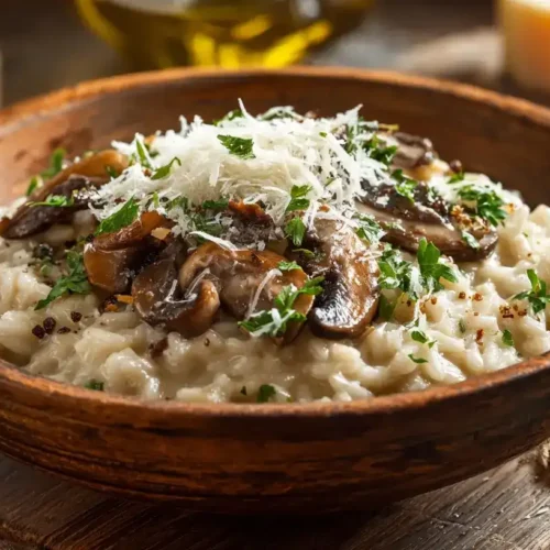 Cremiges Pilzrisotto mit frischen Champignons und Parmesan serviert auf einem Teller