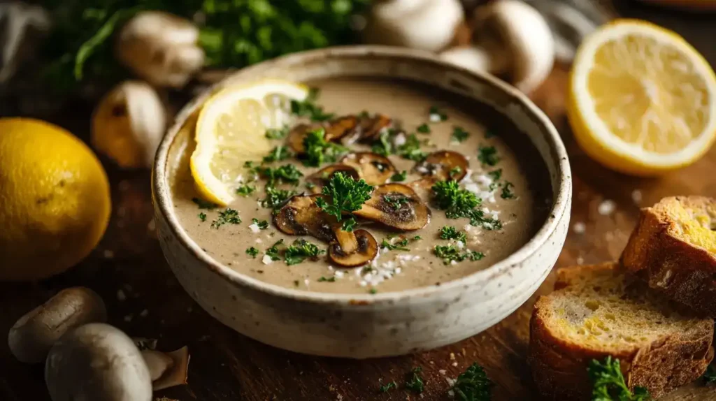 Cremige Pilzsuppe serviert in einer weißen Schüssel, garniert mit Petersilie und einem Spritzer Zitrone