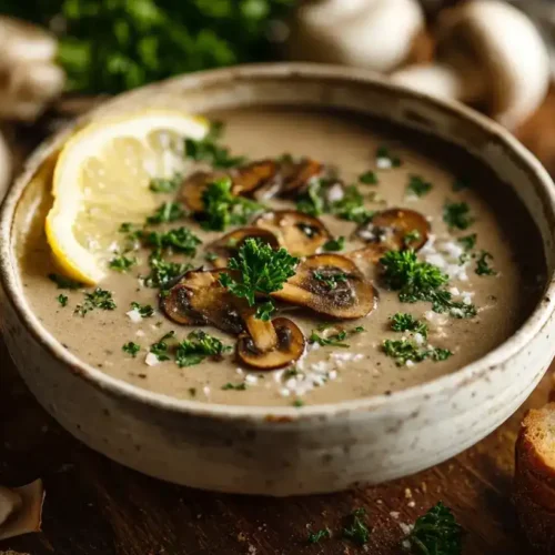 Cremige Pilzsuppe serviert in einer weißen Schüssel, garniert mit Petersilie und einem Spritzer Zitrone