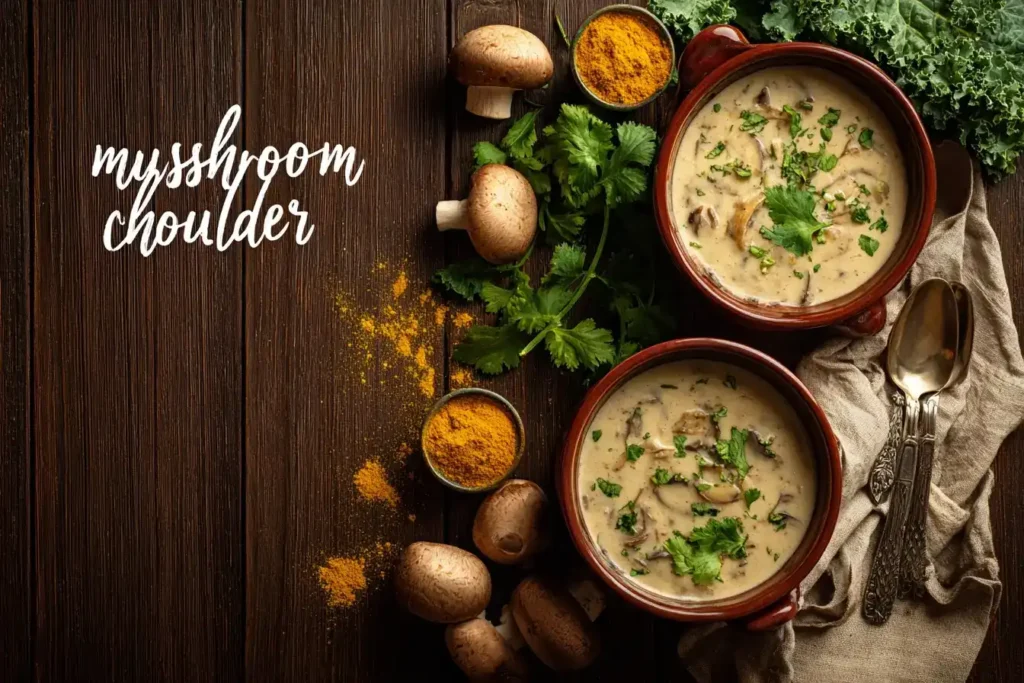 Pilzsuppe im Mittelpunkt, umgeben von frischen Champignons, Zwiebeln und Creme Fraiche