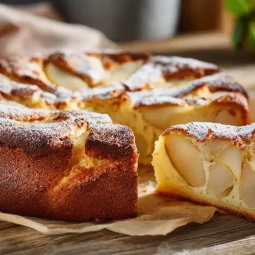 Saftiger Birnenkuchen mit Schmand auf Teller mit Puderzucker bestäubt