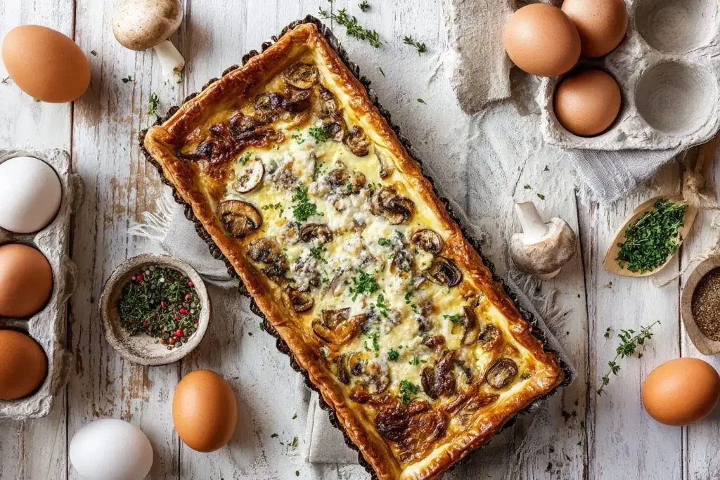 Schinken-Quiche mit Champignons und Mozzarella Schinken-Quiche mit Champignons und Mozzarella frisch gebacken auf Holzbrett serviert, goldbraun und saftig