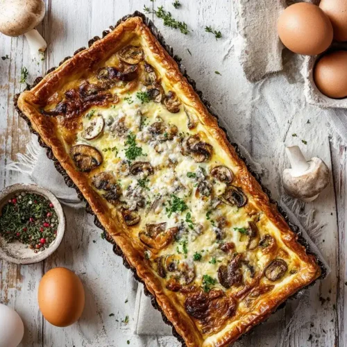 Schinken-Quiche mit Champignons und Mozzarella frisch gebacken auf Holzbrett serviert, goldbraun und saftig