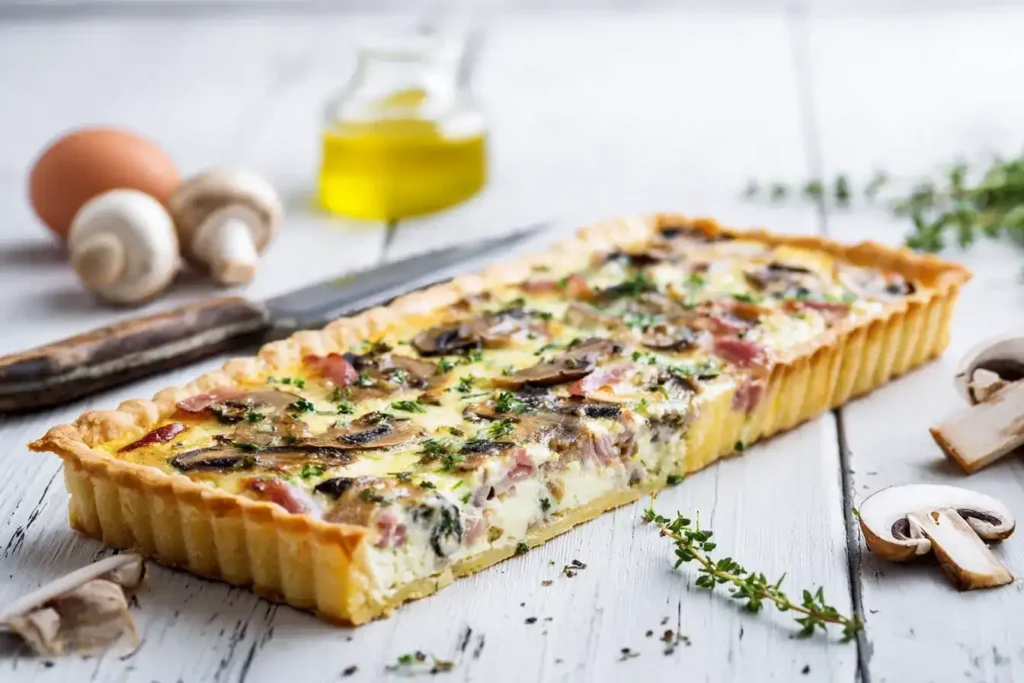 Quiche in der Mitte, umgeben von Schinkenwürfeln, frischen Champignons und Mozzarella-Stücken