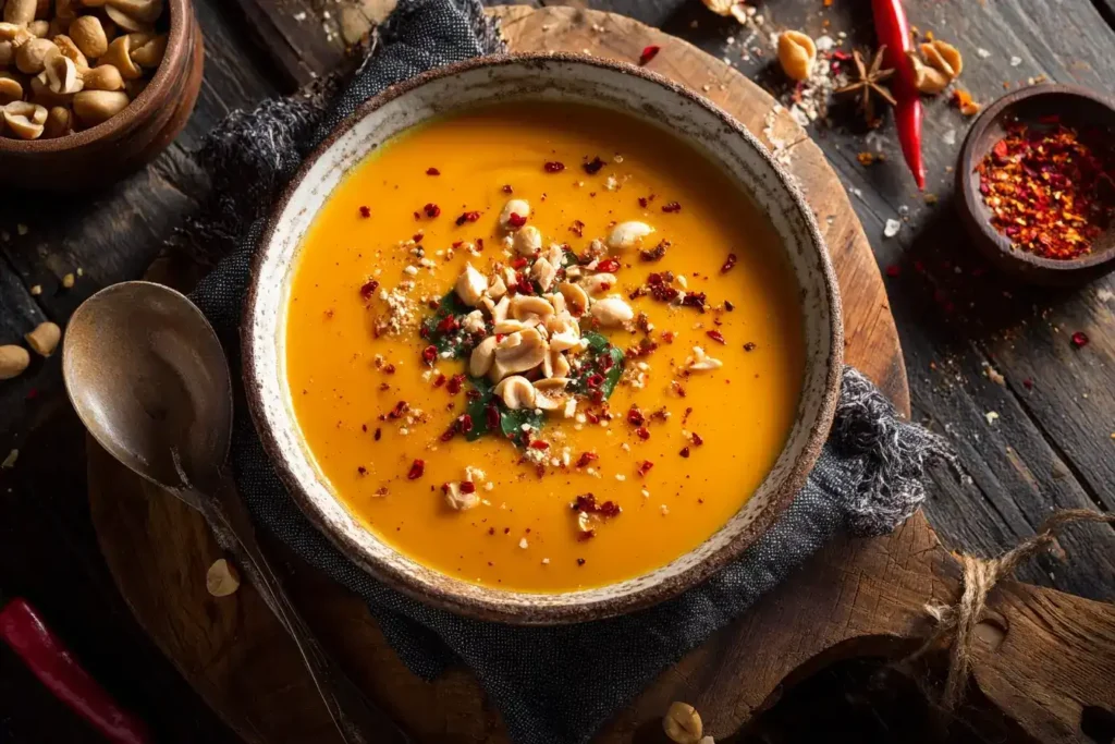 Schnelle Möhrensuppe mit Ingwer Servierte schnelle Möhrensuppe mit Ingwer in einer Schale, garniert mit Erdnüssen und Chili-Flocken