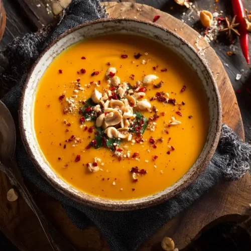 Servierte schnelle Möhrensuppe mit Ingwer in einer Schale, garniert mit Erdnüssen und Chili-Flocken